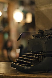 máquina de escrever, velho, vintage, bokeh, antiguidade, texto, foco