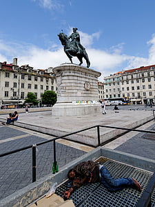 hjemløs mand, Reiter, statue, plads, Lissabon, Portugal, Europa