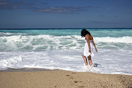 pludmale, krasts, krasta līnija, sievietes, meitene, mati, brīvais laiks