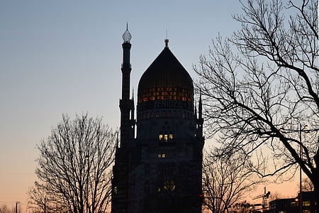 de moskee, Wenen, silhouet, zonsondergang, zon, silhouetten, vogel