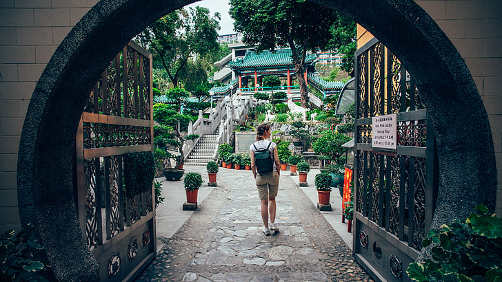 Hong kong, Temple, jardí, vacances, noia, arc, viatge