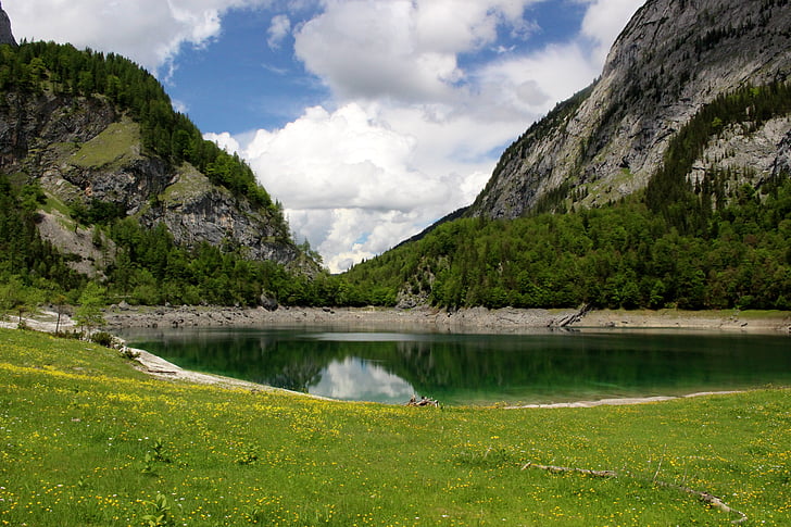 mountains, lake, hiking, alpine, sky, austria, landscape