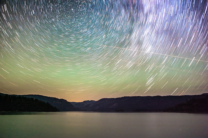 photo, mountains, starry, sky, lake, water, mountain
