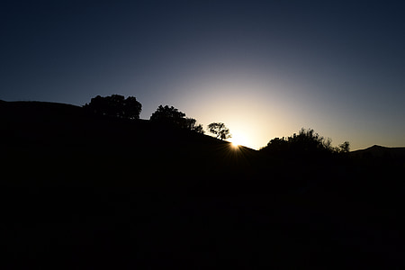 zonsondergang, achtergrondverlichting, silhouetten, bomen, bos, heuvel, avond