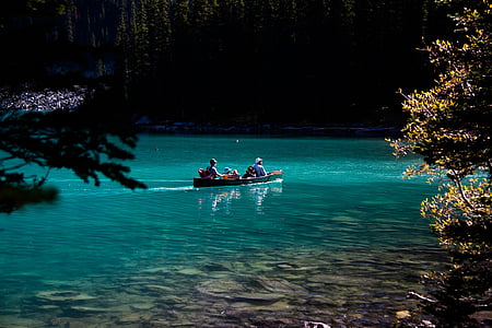 morénové jezero, Kanada, Alberta, Banff, jezero, pohled, kánoe