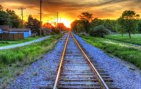 tracks, spoorwegen, zonsondergang, HDR, rood, hemel, wolken