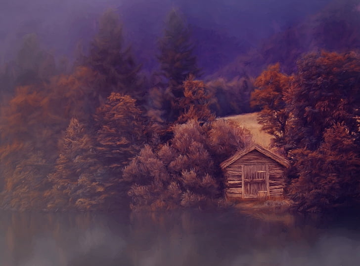 painting, image, landscape, lake, hut, log cabin, paint