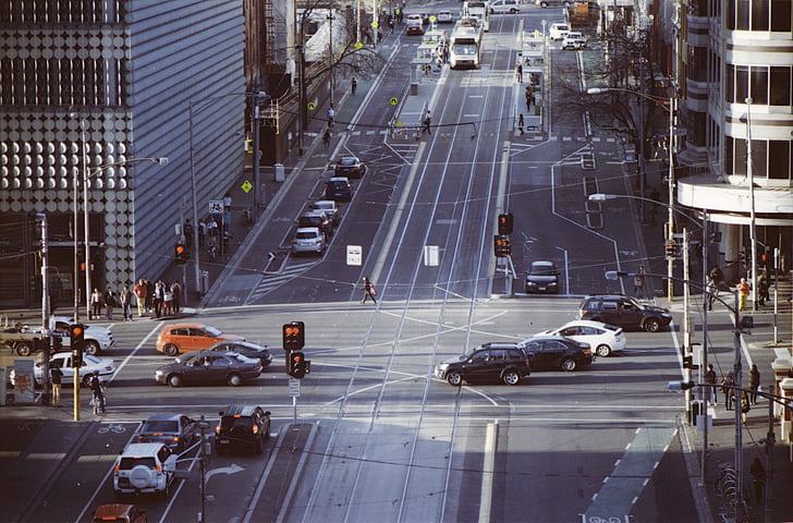 intersecció, Melbourne, CDB, transport, carrer, ciutat, tramvia