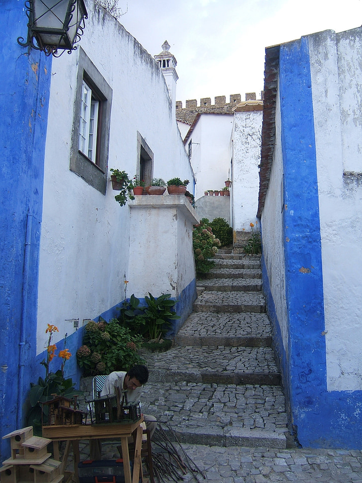 Dláždená ulica, Portugalsko, schody, steny, staré mesto, modrá, biela