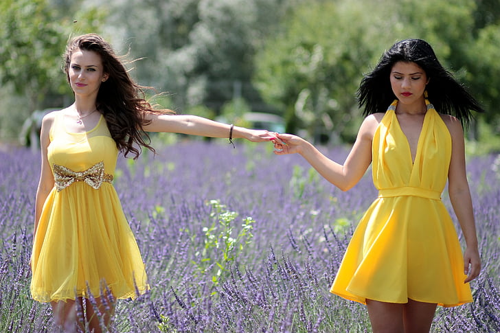 girls, lavender, two, dresses, yellow, beauty, women