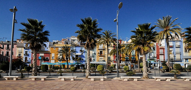 Villajoyosa, Spania, hus, fasader, byen, farger, stranden