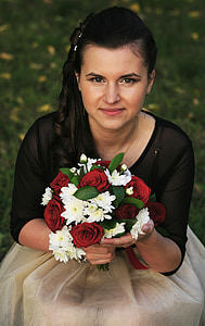 bouquet, dress, girl, portrait, red, beauty
