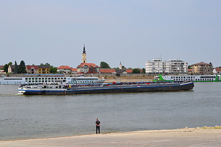 barge, Danube, Mohács, partie, rivière, eau, ciel bleu