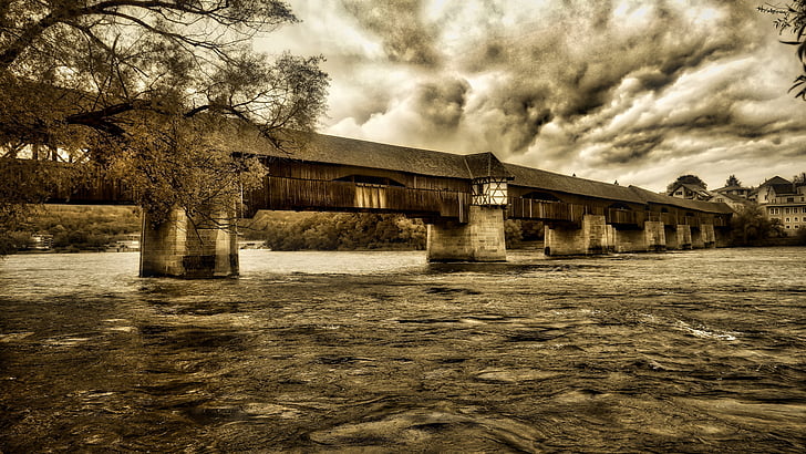 Puente de madera, Bad säckingen, Rin, Estado de ánimo, antiguo, arquitectura, pasado de moda
