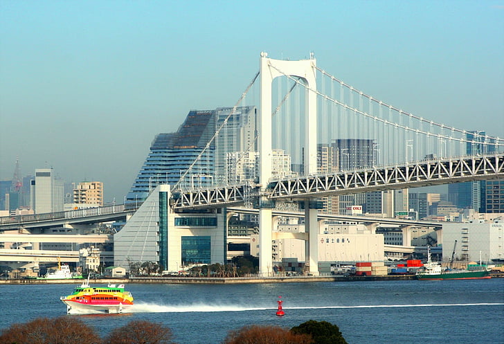 Regnbågsbron, Bridge, hängbro, Tokyo bay, bärplansbåt, vita crested vågor, vakna