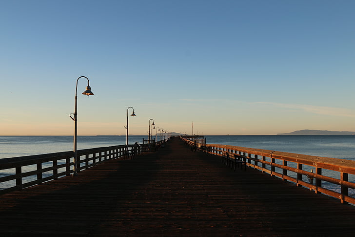 pier, deck, wooden, water, wood, blue, sky