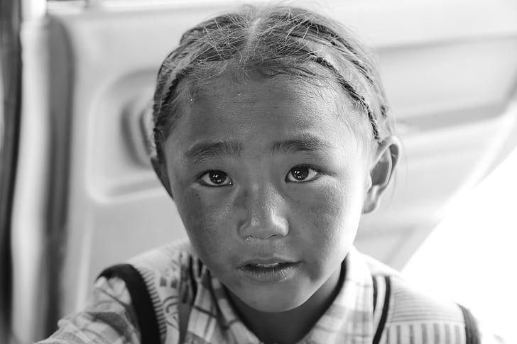 Tibetská, žena, dieťa, dievčatá, portrét, čierna a biela, ľudia