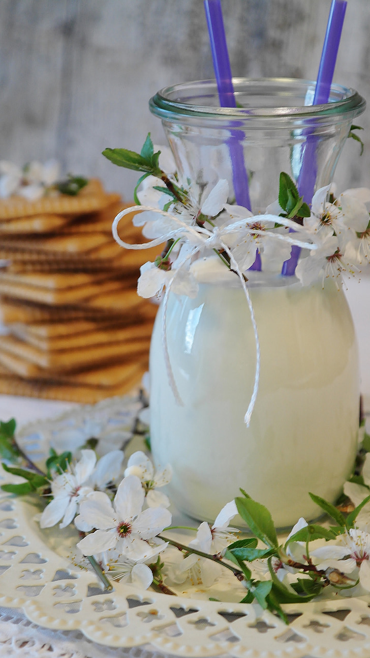 milk, cookies, butter biscuits, glass, glass of milk, flower, blossom