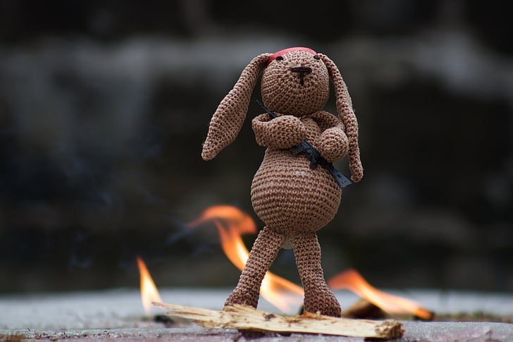 hare, fabric bunny, stuffed animal, fire, fun, war, rifle