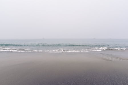 beach, foggy, horizon, ocean, sand, sea, seascape