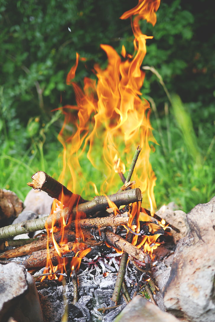 feu, feu de camp, flamme, brûler, bois, barbecue, chaleur
