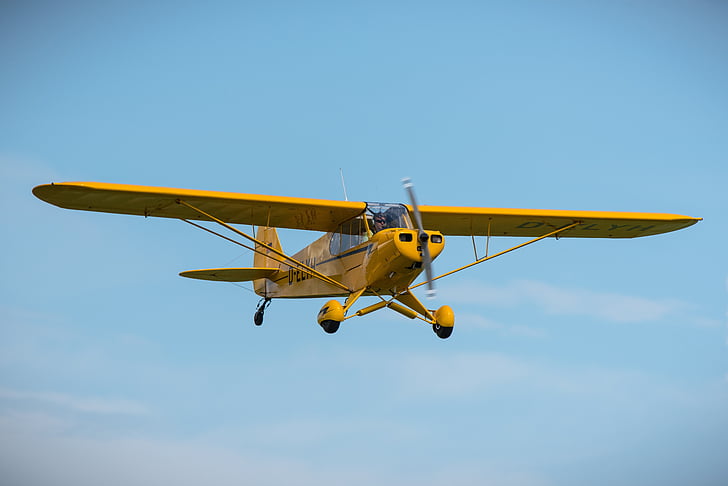 Piper cub, Flugzeug, Propeller, gelb, fliegen, Luftfahrzeug, Blau
