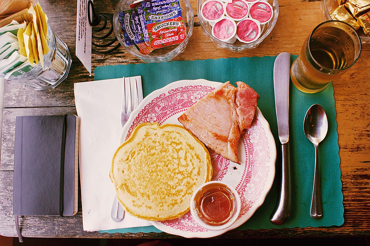 breakfast, pancakes, ham, food, morning, plate, spoon