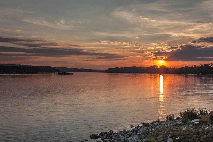 sky, sunset, sun, river, landscape, nature, horizon