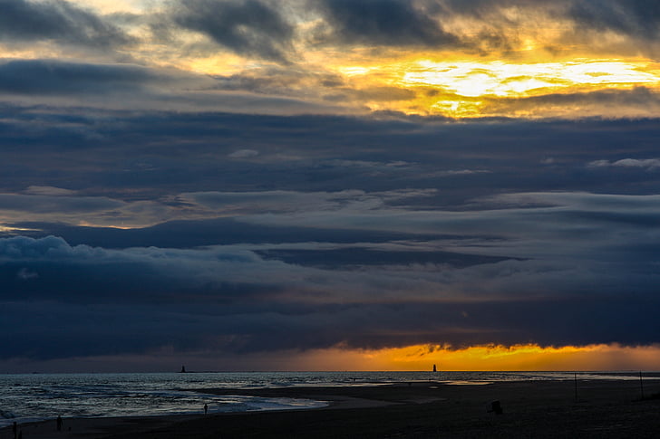 Wangerooge, Sjeverno more, svjetionik, izlazak sunca, nebo, Otok, plaža