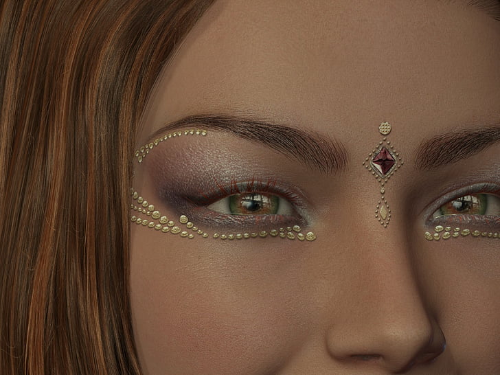 woman, make up, head, eye, beauty, face jewelry, gold