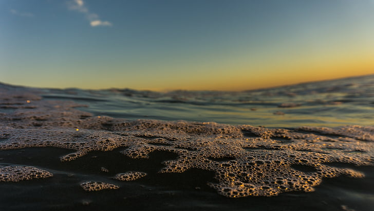 lage, hoek, foto, Bubbly, strand, water, zonsondergang