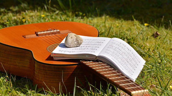 kniha, tráva, kytara, trávník, hudební nástroj, venku, Rock