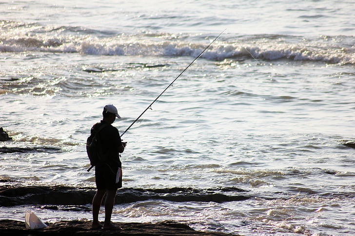fisherman, fishing, waves, sea, ocean, water, silhouette