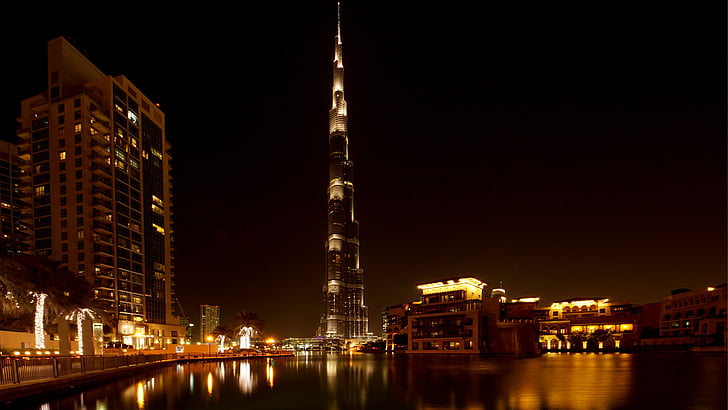 Dubai, Burj khalifa, felhőkarcoló, éjszaka, fény, tükrözés, víz
