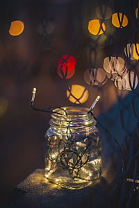 blur, bokeh, bottle, christmas lights, close-up, focus, illuminated