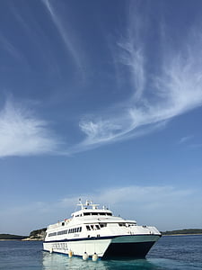 blue sky, boat, clouds, ferry, ocean, sea, ship