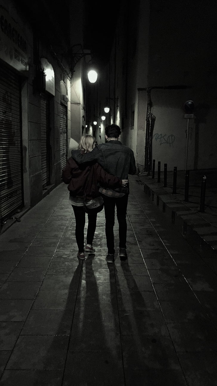 barcelona, black and white, couple, lovely, night, illuminated, two people