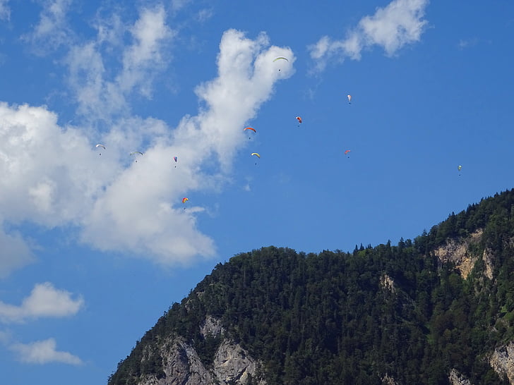 paraglider, sky, paragliding, mountain, summer, interlaken, switzerland