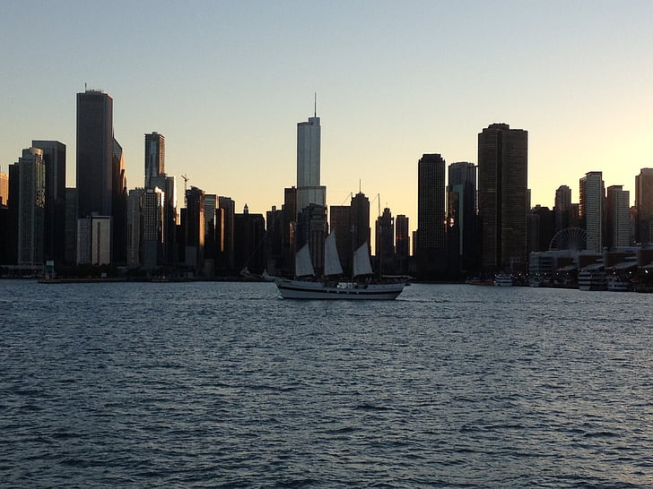 Chicago, skyline, water, stad, het platform, stadsgezicht, toren