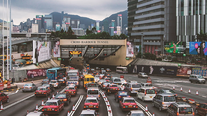 Hong kong, vista strada, centrale, traffico, affollato, Feng gao, tunnel