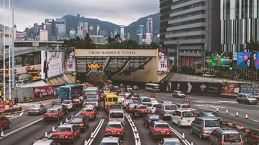 Hong kong, uitzicht op straat, centrale, verkeer, Druk, Feng gao, tunnel