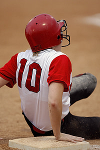 Softball, jooksja, Tüdruk, baasi, ohutu, slaidi, mustuse