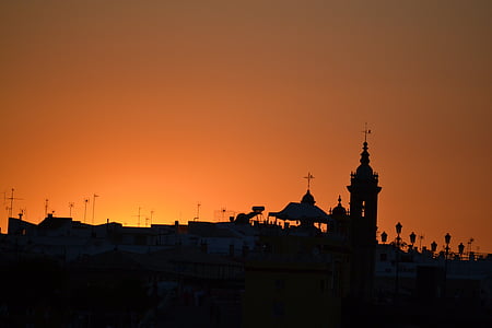 silhouette, sun, sunset, city, horizon, backlight, sky
