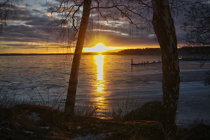 jezero, LED, Zima, zalazak sunca, zamrznuta, priroda, lijepa