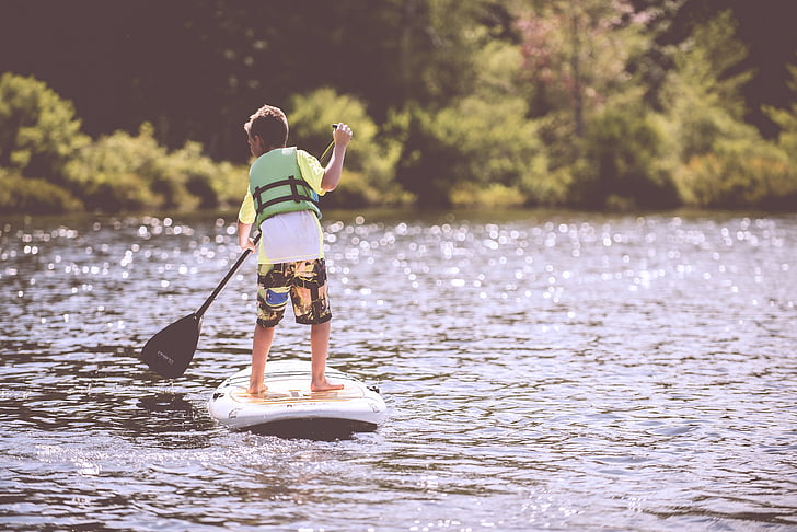 man, paddle, board, daytime, water, fun, lake