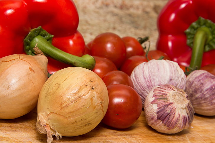 tomatoes, onions, pepper, brown, wooden, surface, food