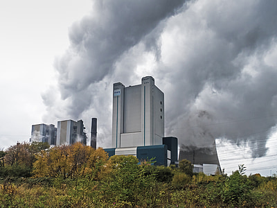 power plant, coal fired power plant, clouds, water vapor, cooling tower, technology, electricity