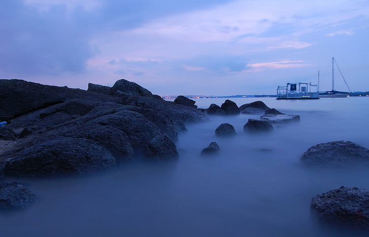 praia, Cingapura, Changi, mar, natureza, pôr do sol, Rock - objeto