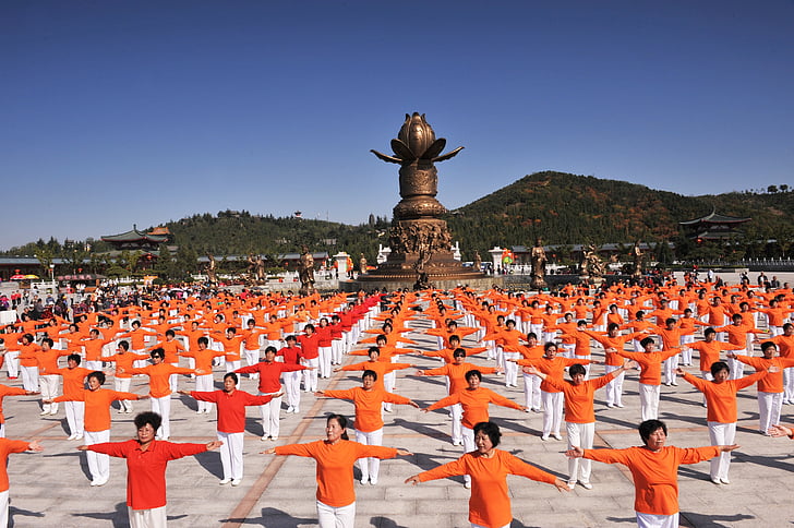 square dancing, blue sky, mountain, religion, step by step the lotus, weights, queue