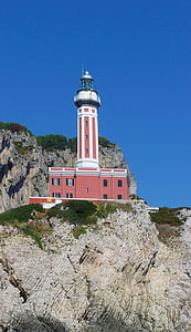 lighthouse, rock, sky, blue, red, coast, tower